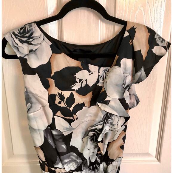 White House Black Market Women's 4 Silk Floral Dress w/ Belt Black Cream Gray - Picture 3 of 6